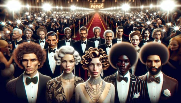 Celebrities showcasing 1920s bobs, 1950s curls, and 1970s afros at red carpet events, inspiring fans.