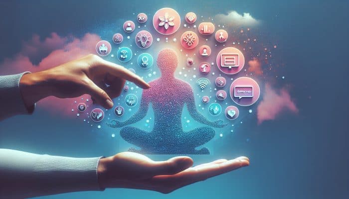 Logos of BetterHelp, Talkspace, and NHS on a serene digital interface with pastel colors and mental health icons.