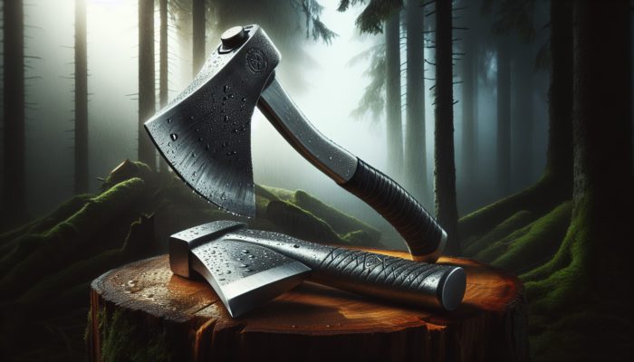 A high carbon steel axe cutting a log, and a stainless steel axe resisting rust in a humid environment.