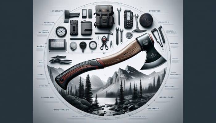 A high-quality survival axe with a durable blade and ergonomic handle, set in rugged wilderness.