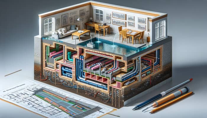 Cross-section of a building in Surrey with interior drainage solutions managing water flow and preventing flooding.