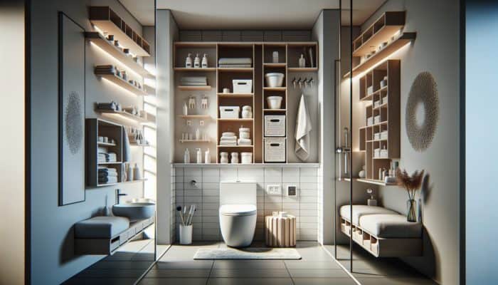 Modern bathroom with over-the-toilet shelves, wall niches, storage benches, and door organizers for maximized space and organization.