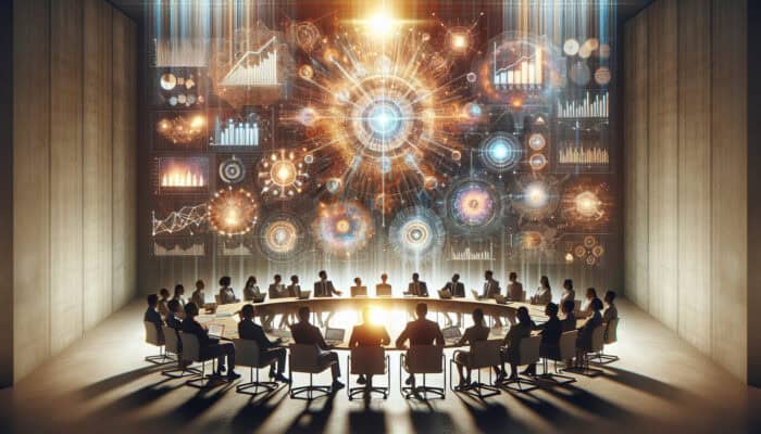 A serene conference room where diverse experts discuss emotional donation strategies, surrounded by glowing charts.