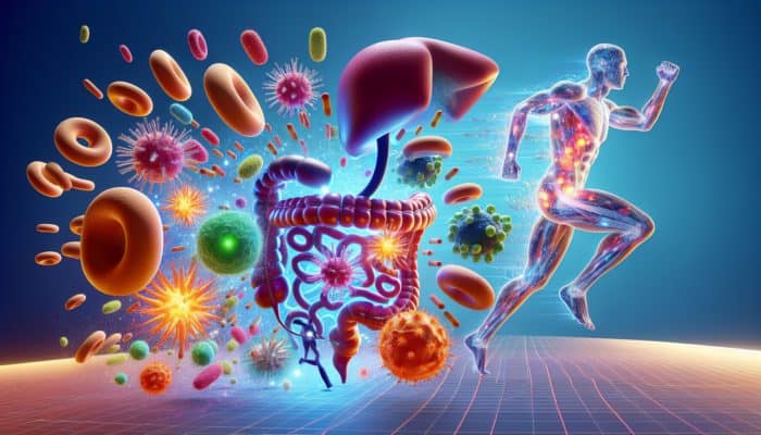 Top Glutamine Products Rated: Illustration of glutamine molecules energizing intestinal cells, fortifying gut lining, and supporting immune defense, with an athlete in motion.