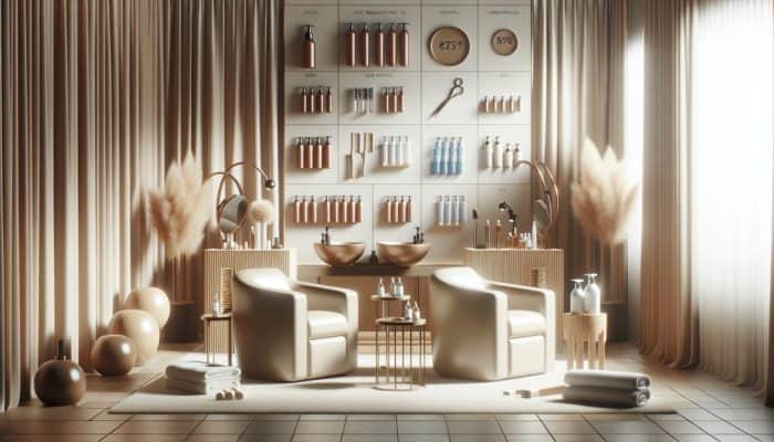 Elegant home spa with professional hair tools and luxury products, soft lighting, plush seating.