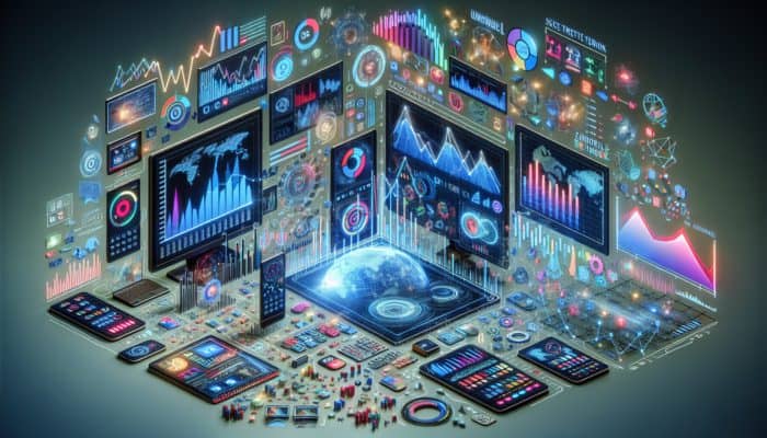 A vibrant digital dashboard showing graphs and charts of video content trends among millennials, with video thumbnails and marketing strategies.