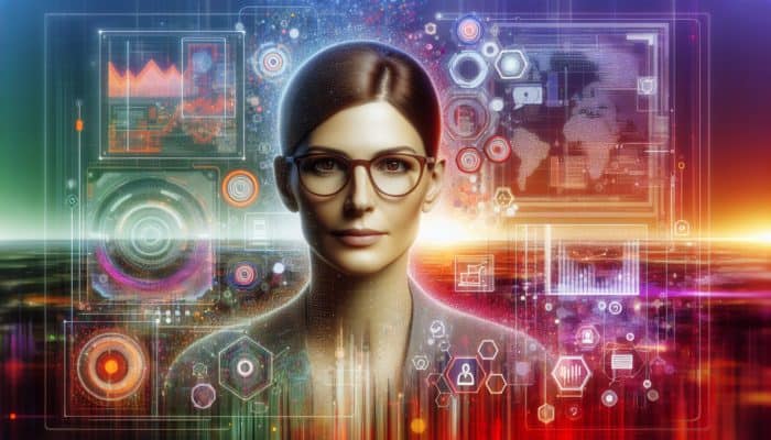 A digital landscape with charts and graphs, Ann Handley emphasising accuracy and trust in content creation.