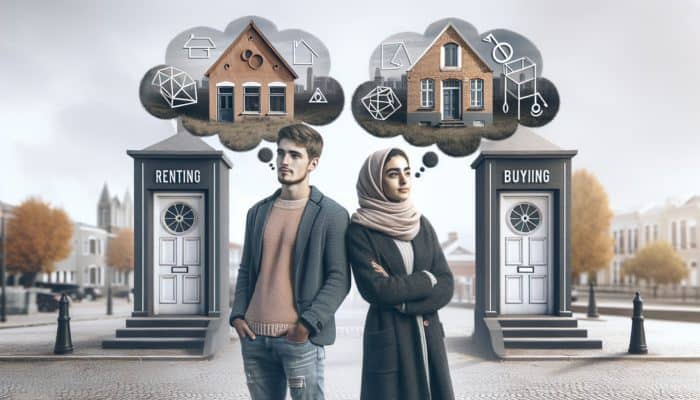 A young couple in Paarl deciding between renting and buying, depicted with two doors and thought bubble.