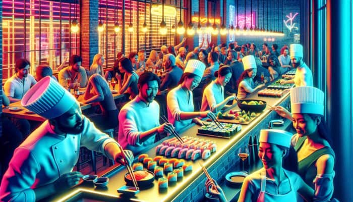 A vibrant Las Vegas sushi bar with neon lights, expert chefs, and delighted patrons.