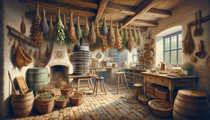 Herbs drying in a UK kitchen using air-drying, dehydrator, and oven methods.