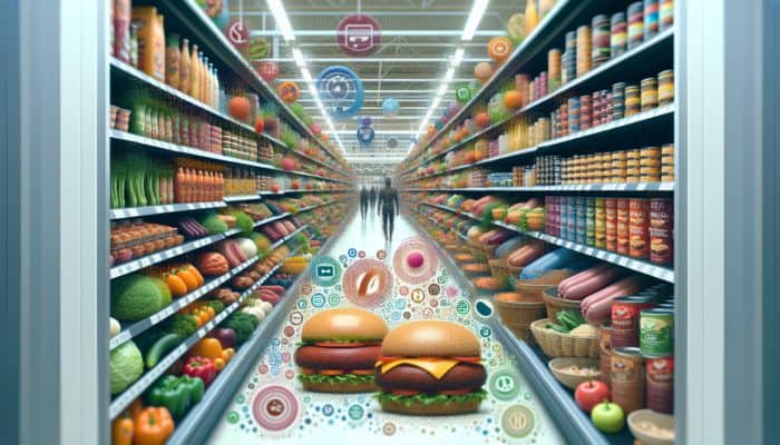 Supermarket aisle with plant-based meats from leading brands like Beyond Meat, featuring Beyond Burger and sausages.