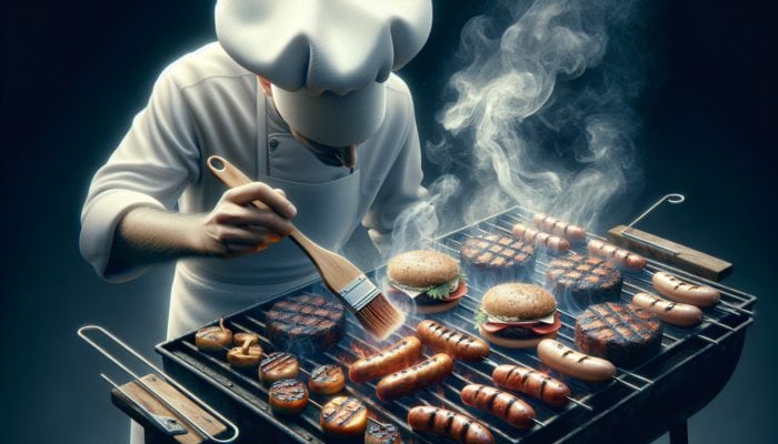 A chef grilling plant-based burgers and sausages, achieving char and smoky flavours with visible grill marks.