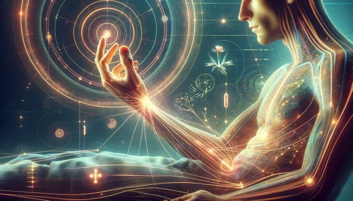 A serene acupuncture session targeting wrist and ankle points, with visualized energy flows connecting to internal organs for balance and healing.