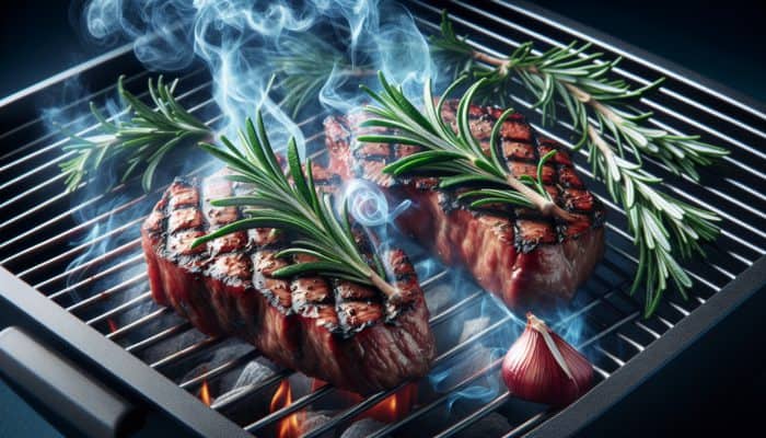 Best Herbs for Grilling Meats: Rosemary sprigs sizzling on a grill, enhancing charred steaks with aromatic smoke.