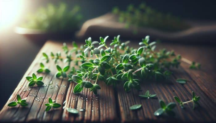 Fresh thyme sprigs on a rustic wooden table, glistening with dew in soft sunlight.