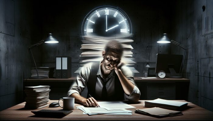Nutrition for Mental Fatigue: A person looking exhausted in a dimly lit office with stacks of paperwork and a late-night clock.