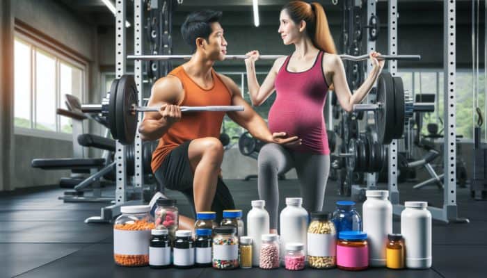 A pregnant woman lifting weights in a gym, with a fitness expert and various supplements around her.