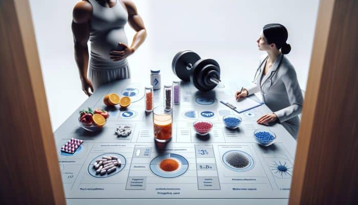 Pregnant weightlifter discussing supplement timing and dosage with healthcare provider, visual aids showing protein shakes and iron pills with vitamin C-rich foods.