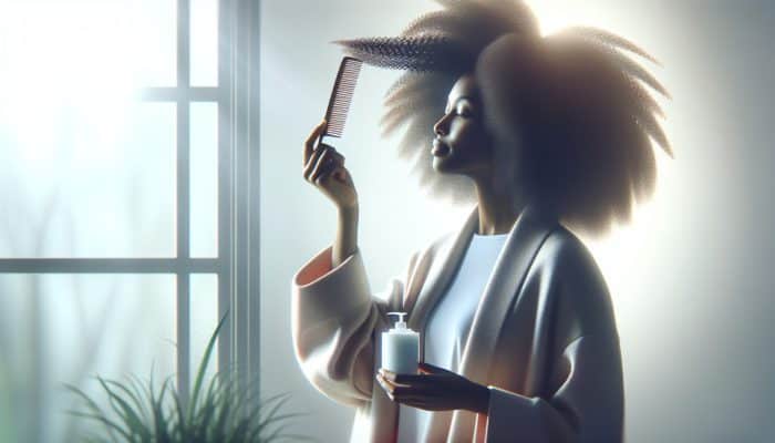 Person with curly hair gently detangling with wide-tooth comb and conditioner in soft light.