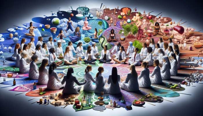 A mosaic of diverse women consulting with doctors at a global health symposium.