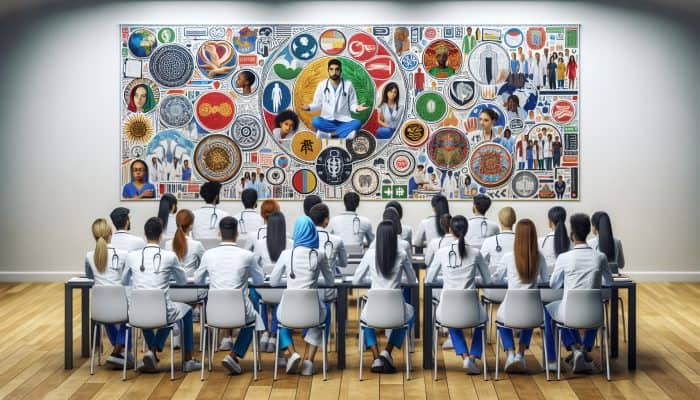Diverse medical students in a classroom learning about cultural competence with cultural posters.