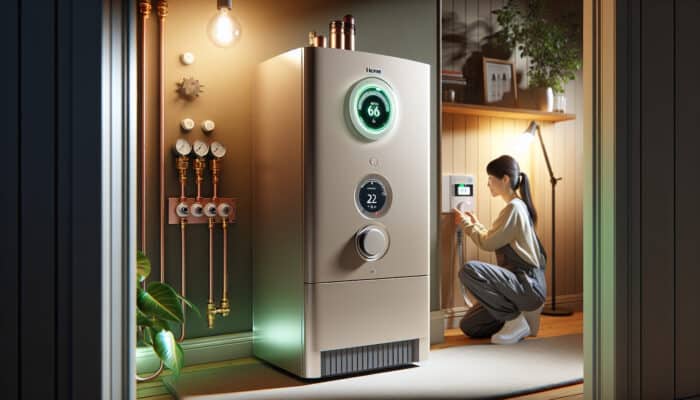 Modern boiler in cozy home, smart thermostat, technician maintenance, optimal pressure gauges for energy efficiency.