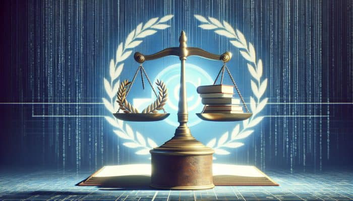 Utilising E-E-A-T to Enhance Local Rankings: A digital scale with books and a laurel wreath, symbolising E-E-A-T, with a search engine logo background.