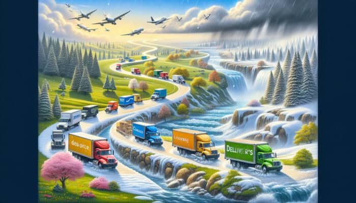 Delivery trucks navigating through spring weather challenges using alternative routes and flexible schedules.