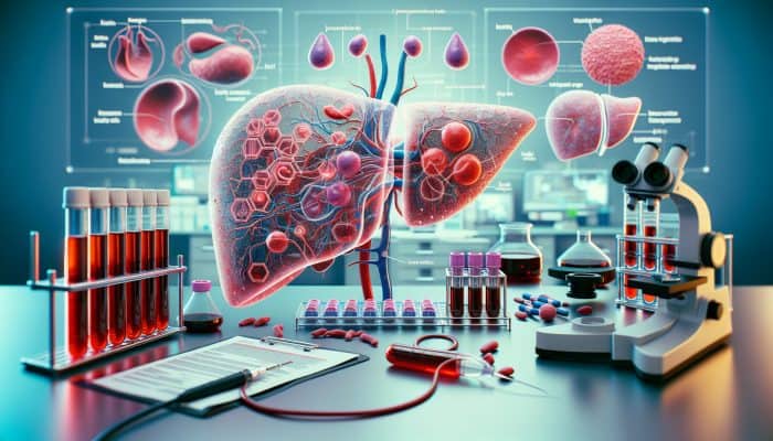 Liver Blood Test in Letchworth: Illustration of liver function tests in a lab, showing blood samples, liver diagrams, and key enzymes and proteins.