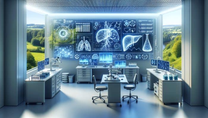 Infographic showing liver blood test results with expert notes, set in Letchworth's serene landscape.