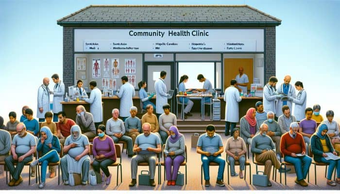 A community health clinic in Letchworth conducting liver blood tests for diverse residents, monitoring chronic liver conditions.