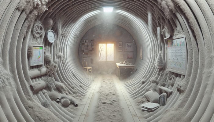 A dusty air duct with allergens in a Canadian home during winter, showing dirty and clean sections.