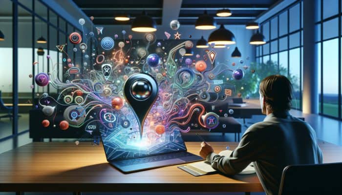 A person reviewing online feedback for golf GPS devices on a laptop in a contemporary office setting.