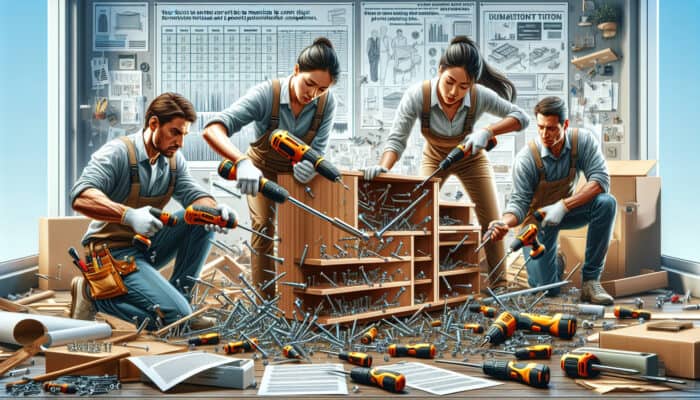 A professional team disassembling furniture with a multi-bit screwdriver in a cluttered room.