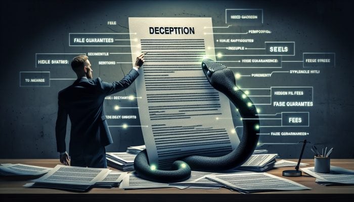 Debt Consolidation Loan Lies Exposed: UK's Hidden Truths | DCL A person in a dimly lit office carefully reviewing a deceptive loan document, highlighting hidden fees and approval guarantees.