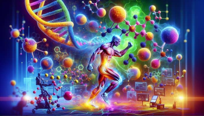 Illustration of plant-based creatine enhancing ATP production and muscle performance with phytonutrients and antioxidants.