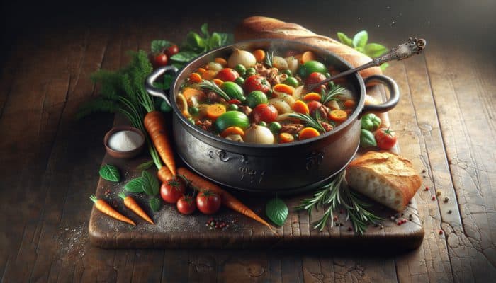 A vibrant stew with colorful vegetables and herbs, slow-cooked in a rustic pot, served with crusty bread.