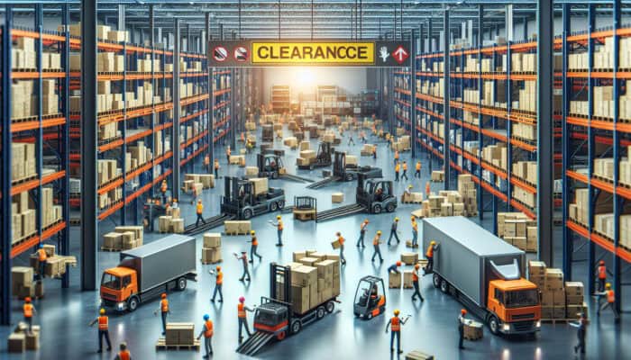 A busy warehouse scene with clearance items being loaded onto trucks, showing efficient logistics with workers and machinery.