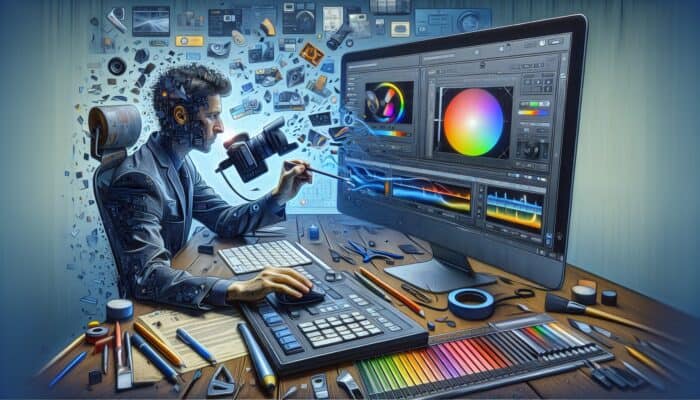 A video editor fine-tuning colour settings on professional software, using expert-recommended tools and presets.