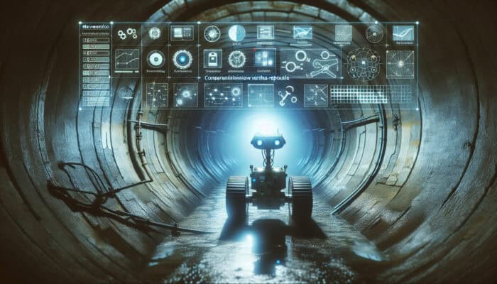 A sewer inspection robot with CCTV cameras in an old pipe, documenting issues for a report, maintenance schedule in background.