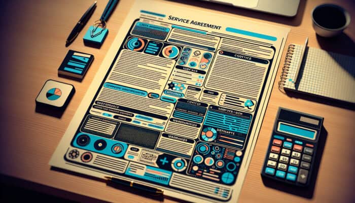 A detailed service agreement on a desk, with highlighted sections on costs, services, timelines, and warranties, being reviewed.