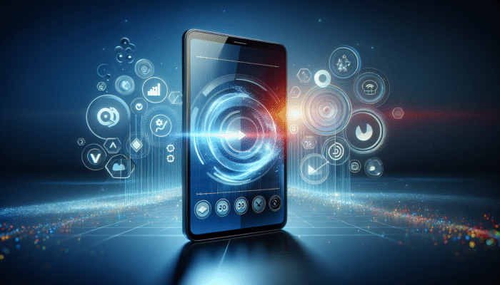 A smartphone displaying a video, surrounded by optimisation icons and performance graphs on a modern background.