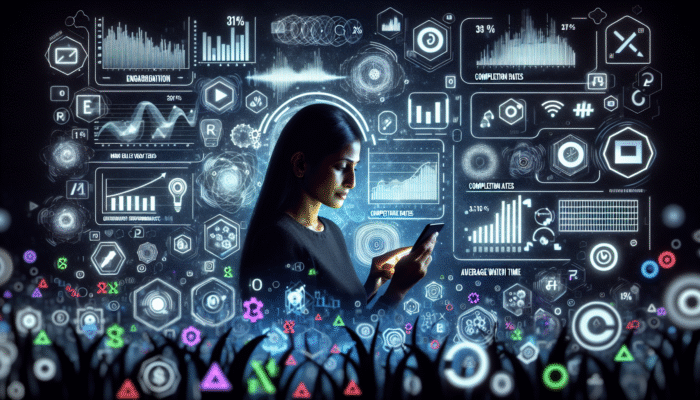 An individual analysing mobile video performance on a smartphone, with graphs illustrating engagement, completion, and watch time using Google Analytics.