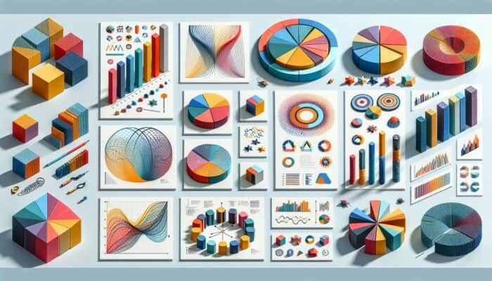 Infographic showcasing data visualization techniques including bar charts, pie charts, line graphs, and icons.