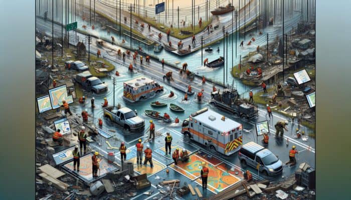 Disaster response team navigating damaged urban areas using GPS, portable bridges, and local collaboration.