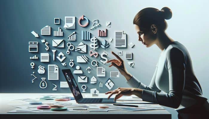 Person organising financial documents on desk, focused on laptop with debt consolidation loan applications.