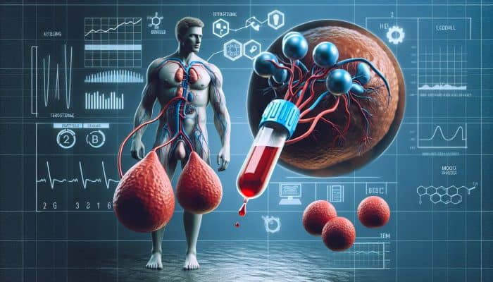 Testosterone Blood Test in Aberdeen: Illustration of testosterone blood test showing testicles, bloodstream, and effects like fatigue, low libido, and mood disorders.
