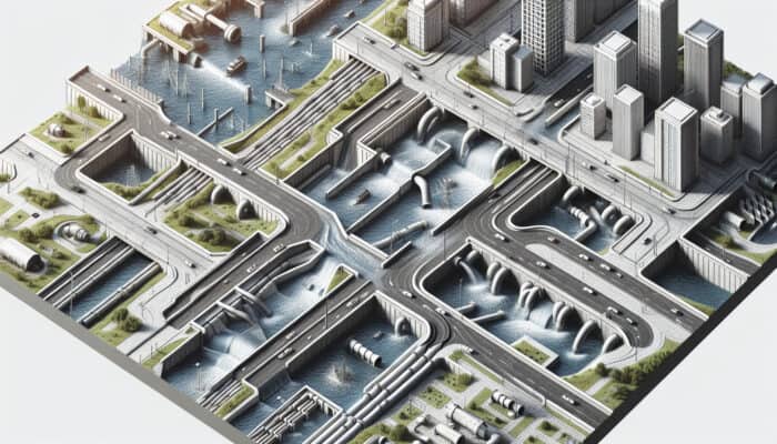 Concrete Drainage Services in Whistler: Diagram of concrete drainage system with pipes, channels, and catch basins in urban setting.