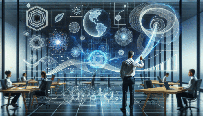 An expert analysing data on a futuristic screen, mentoring a team in a modern office, enhancing content freshness.