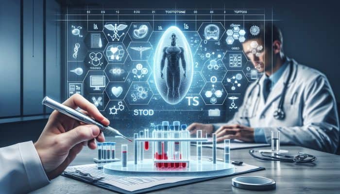 Testosterone Blood Test in Buxton: A blood sample being analysed for testosterone levels in a medical lab, with charts and a professional in a lab coat.
